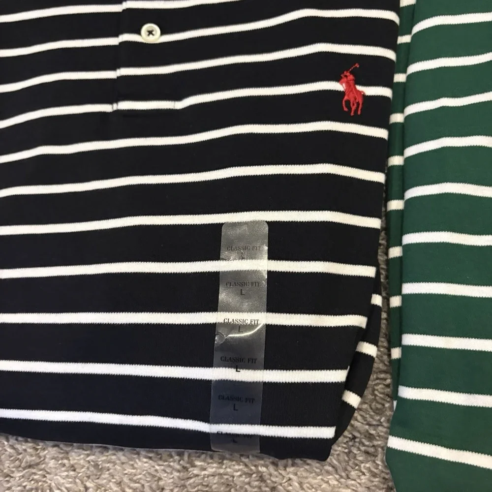 LOT OF 2 NEW Polo Ralph Lauren Men's L Classic Fit Stripe Polo Shirt Black Green
